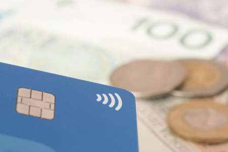 Banknotes Polish zloty and a credit cardの写真素材