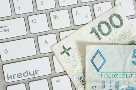 Banknotes Polish zloty PLN, computer and a loan