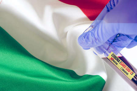 Flag of Italy and Corona Virus Test positiveの写真素材