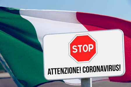 Flag of Italy and Corona Virus Warningの写真素材