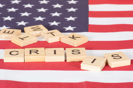 Crisis in America and USA flagの写真素材