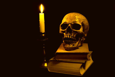 Books and a skull in the light of a candleの写真素材