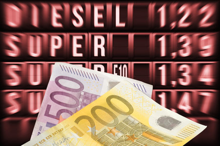 Gas station, fuel prices and euro banknotesの写真素材