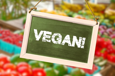 A supermarket, groceries and note Veganの写真素材