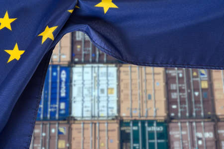 Container in the port and flag of the European Union EUの写真素材
