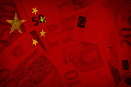 Flag of China and Euro banknotesの写真素材