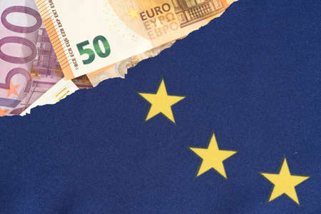 European Union flag EU and Euro banknotes