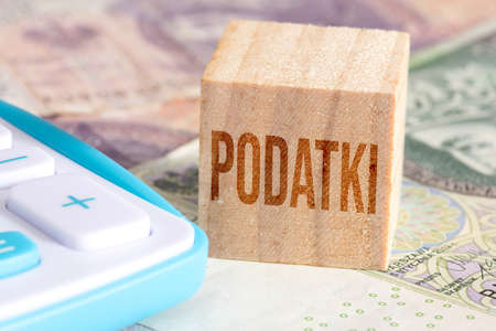 Banknotes Polish Zloty PLN, calculator and taxes in Polandの写真素材