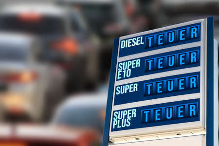 Cars and gas station with expensive fuelの写真素材