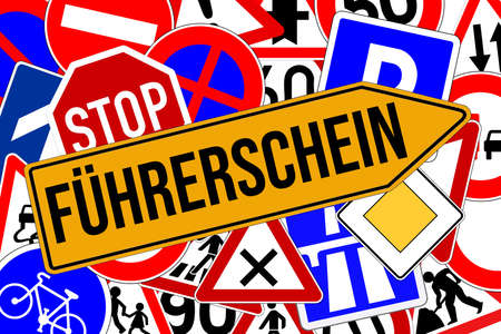 Many colorful traffic signs and reference to the driver's licenseの写真素材