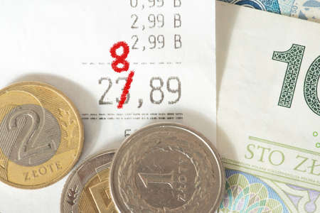 A cash receipt, money Polish Zloty PLN and inflation in Polandの写真素材