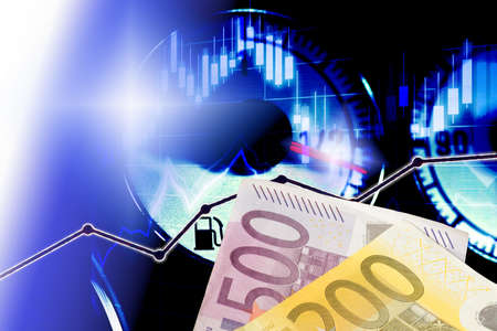 A fuel gauge in the car, euro banknotes and the price of the fuelの写真素材