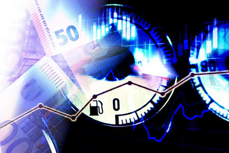 A fuel gauge in the car, euro banknotes and the price of the fuelの写真素材