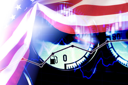 A fuel gauge in the car, flag of USA and price of oil on the stock exchangeの写真素材