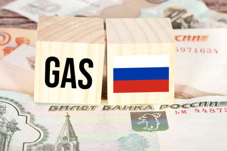 Ruble banknotes and gas delivery from Russiaの写真素材