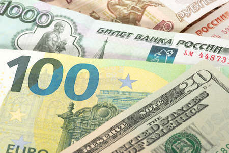 Banknotes rubles, euros and dollarsの写真素材
