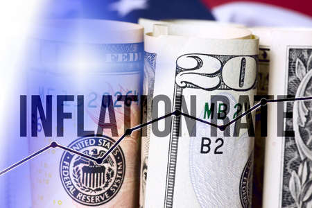 Flag of America, dollar bills and inflation rate in USAの写真素材
