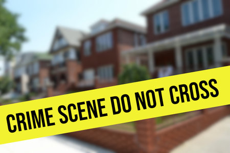House and barrier tape crime scene police lineの写真素材