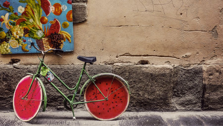 Vintage bicycle with watermelon on the background of old wall.の写真素材