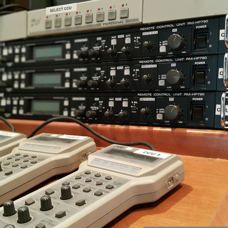 Audio mixing equipment in a sound recording studio, close-up.