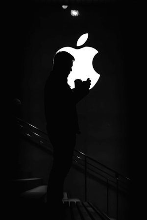 Silhouette of a man with an apple in his hand.の写真素材