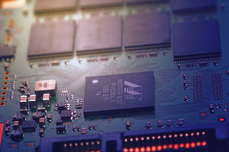 Close-up of a microchip on the motherboard of a computerの写真素材