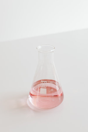 Laboratory glassware with pink liquid on a white background, isolatedの写真素材