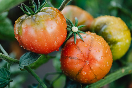 Close up of red and green tomatoes growing on a branch in a greenhouseの写真素材
