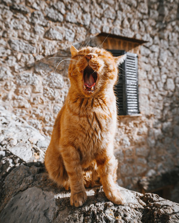 Funny ginger cat yawns on the stone wall in the village.