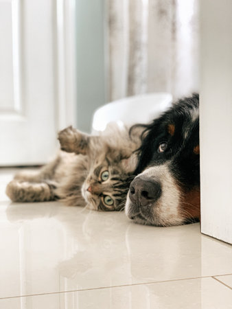 Portrait of a Bernese mountain dog lying on the floor next to a catの写真素材