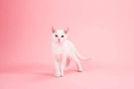 White cat on a pink background. Studio shot. Copy space.の写真素材