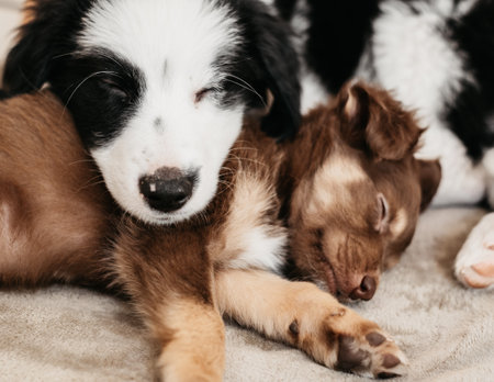 Cute little puppies of Australian Shepherd and border collie lying on the bed.の写真素材