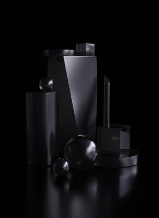 Black cosmetic containers on a black background. 3d render illustration.の写真素材