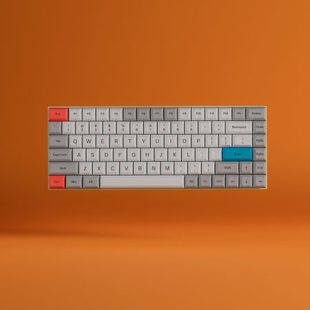 Computer keyboard with blue key isolated on orange background. 3d renderの写真素材