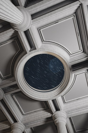 Starry sky in the window of an old building. 3d renderingの写真素材