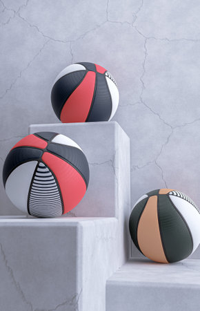 3d rendering of a set of sports balls on a concrete pedestalの写真素材