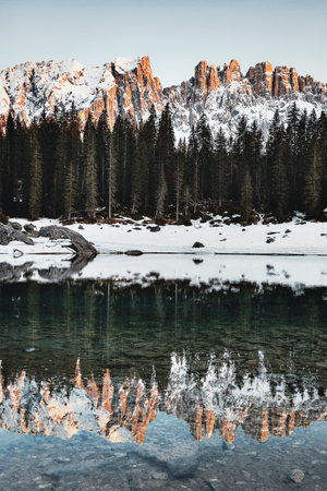 Lago di Braies in winter, Dolomites, Italy.
