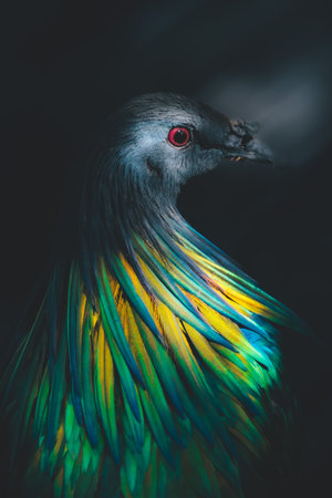 Portrait of a beautiful bird on a dark background, close-upの写真素材