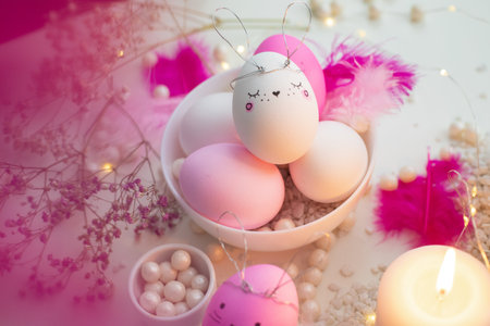 Easter background with eggs, feathers, candles and pink flowers.