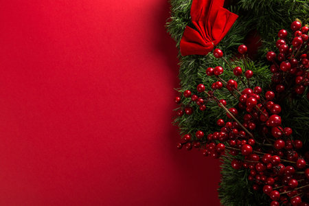 Christmas decoration on red background with copy space for your greetings.
