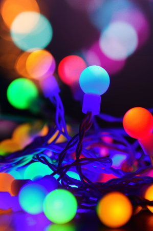 Colorful Christmas lights on a black background with bokeh effect