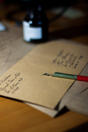 Old letter with ink pen and inkwell on wooden table, retro toned