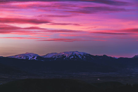 Sunset over the Pyrenees mountains in Aragon, Spainの写真素材