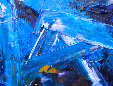blue abstract acrylic painting on canvas with brush strokes, closeup of photoの写真素材