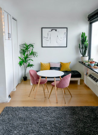 Interior of a modern living room with furniture and plants. Nobody inside