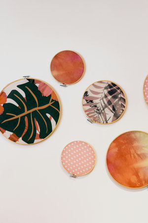 Colorful buttons on a white background. Flat lay, top view.