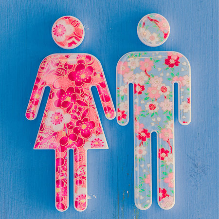 Man and woman on a blue wooden background. Valentine's day.の写真素材