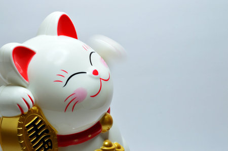 Chinese lucky cat figurine on white background, closeup of photoの写真素材
