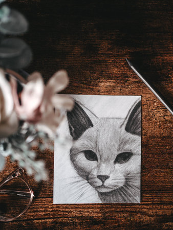 cat painting on wooden background with copy space, vintage color tone.の写真素材