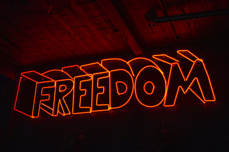 Neon sign with the word freedom in the shape of letters.の写真素材